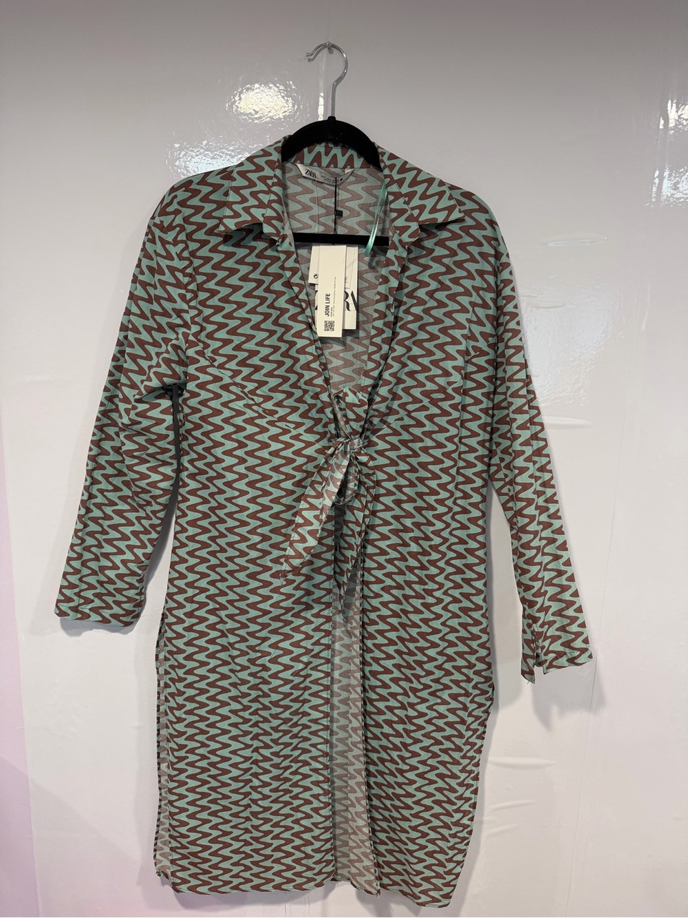 NWT Zara Zigzag Tie-Front Long Cardigan Swim coverup- Mint & Brown